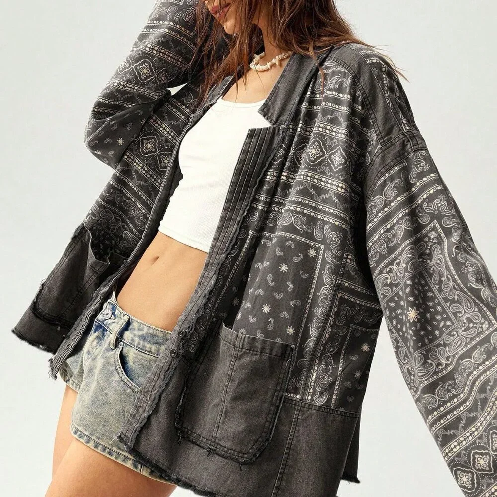 Multicolor Casual Women's Pattern Print Patchwork Jacket - Picture 4 of 8